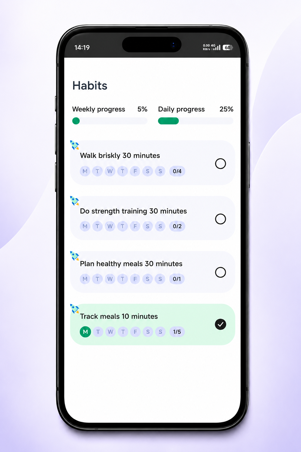 GillyTheGoals habit tracking screen with weekly progress and repeatable habits